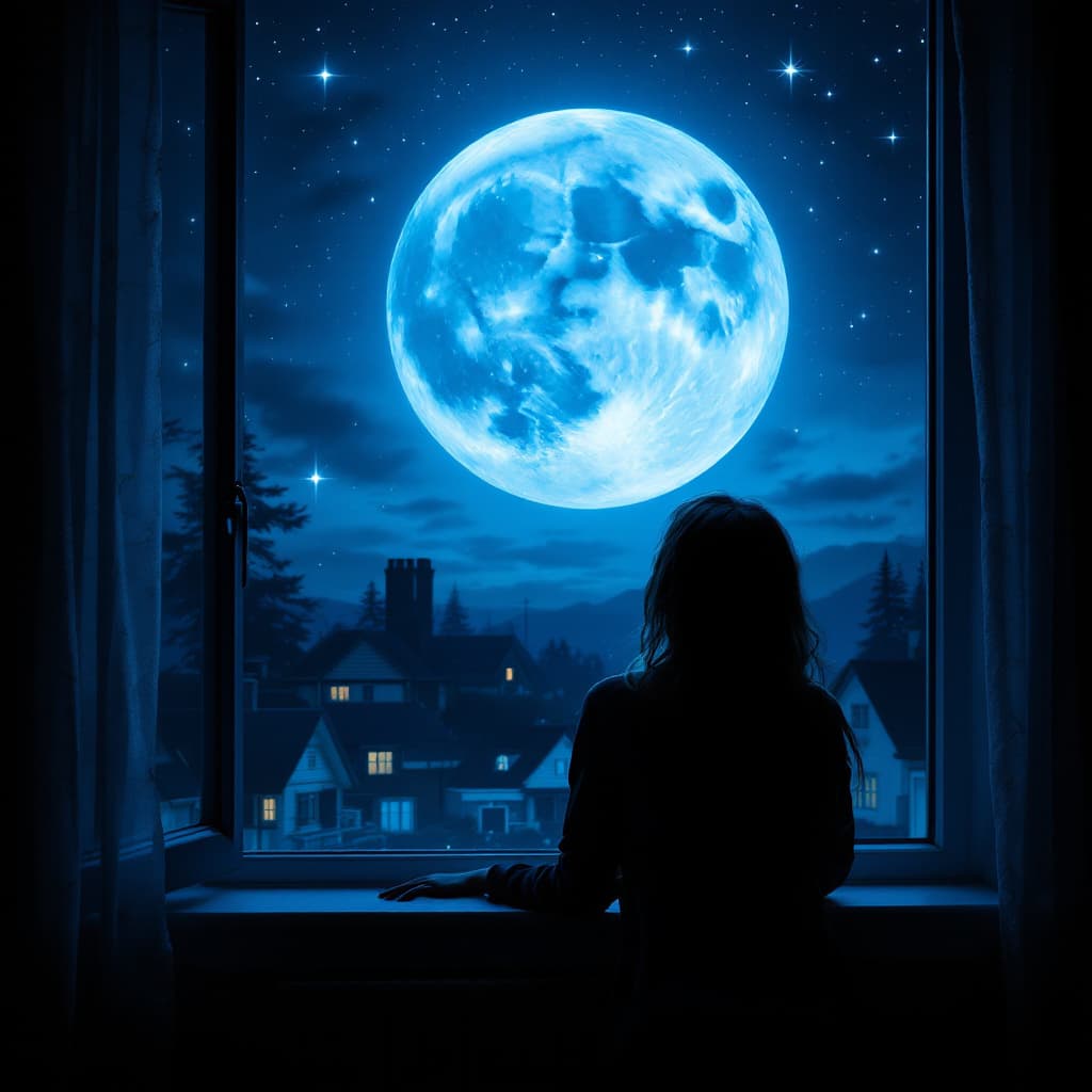AI generated: Create an image on girl leaning on the window bottom from her back
She is looking at a full blue moo...