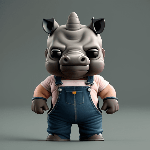 AI generated:  strong rhino wearing overalls, small smile, funko pop render, big head, small body, hands in pocket...