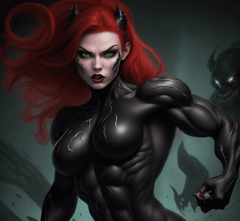 AI generated: 1 young beautiful bodybuilder woman with a wide strong jaw wearing a black monster symbiote, red hai...