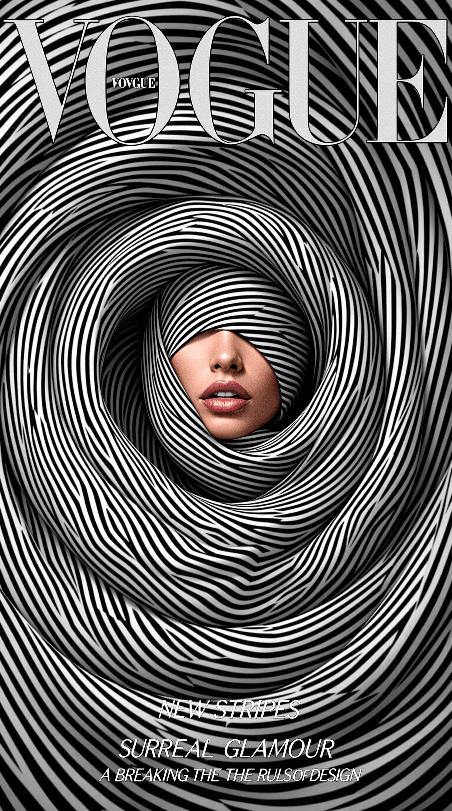 AI generated: VOGUE magazine cover featuring a mesmerizing woman wrapped in a swirling vortex of stripes. The line...