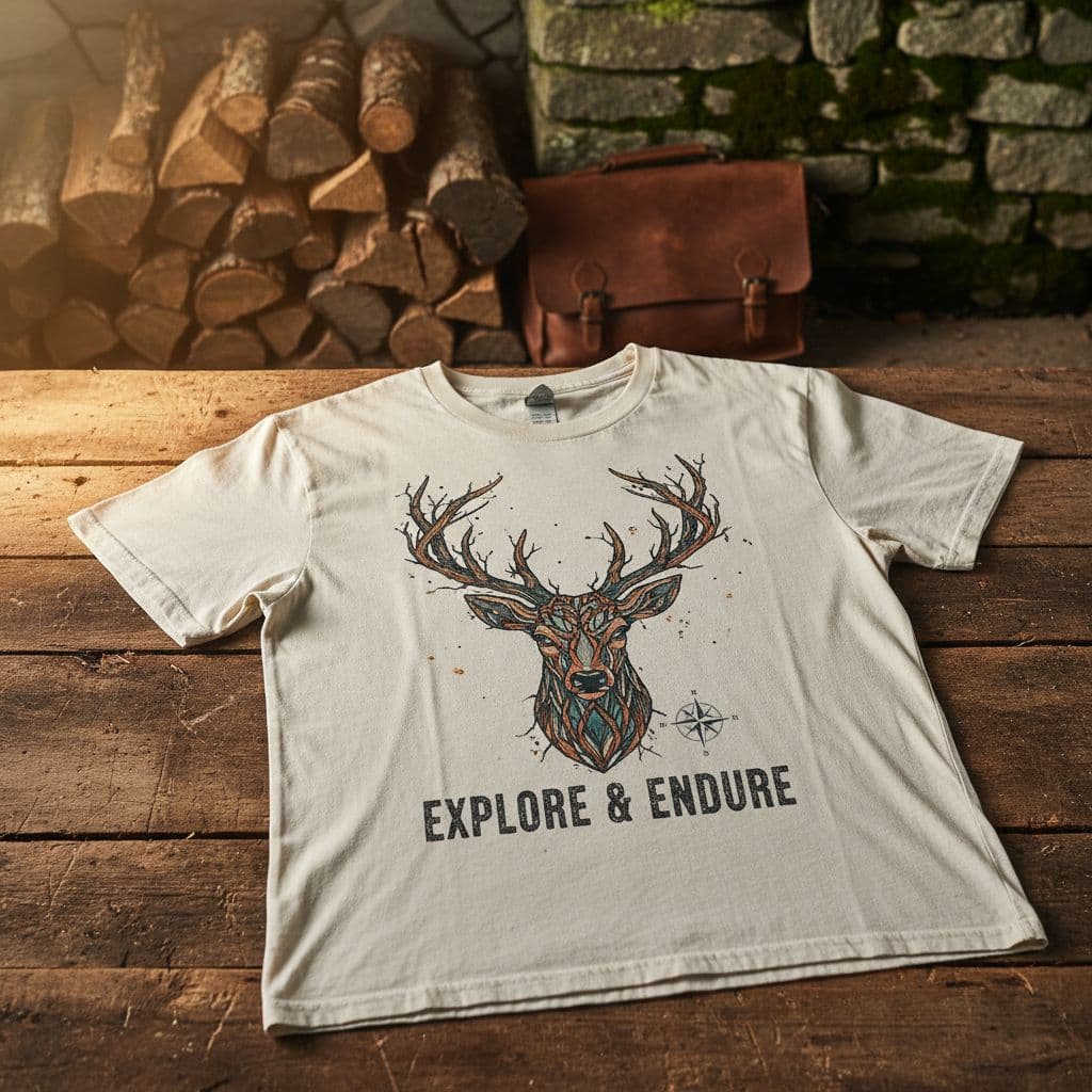 AI generated: men's t-shirt with rustic background