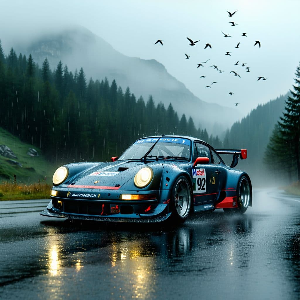 AI generated: A hyper-realistic scene of a Porsche 911 RSR race car parked on a rain-soaked asphalt road in a mist...