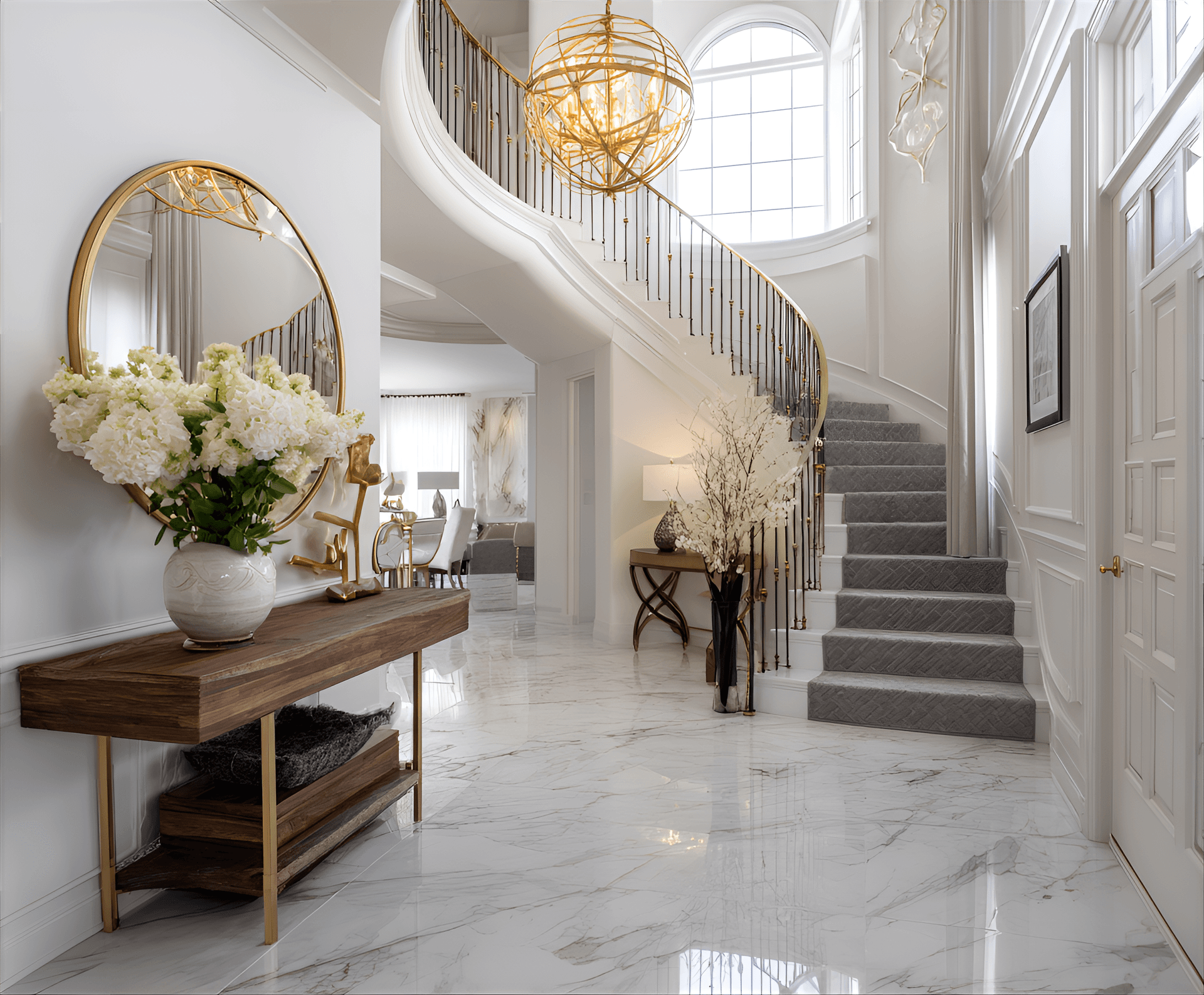 AI generated: photography, a modern foyer featuring a statement chandelier, an elegant staircase, and a console ta...