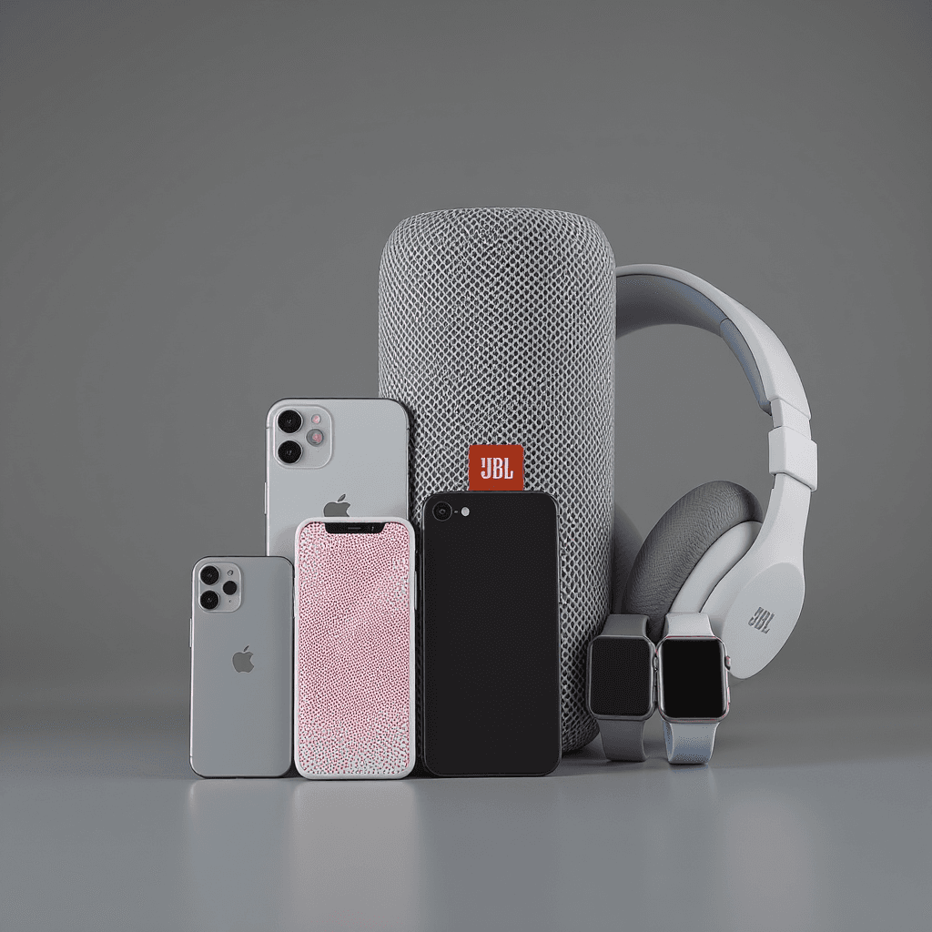 AI generated: create a design with different gadgets together ,iphones, google pixels, jbl speaker, ps 5, pad  hea...