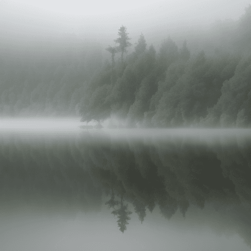 AI generated: foggy lake with tree and greens around it 
