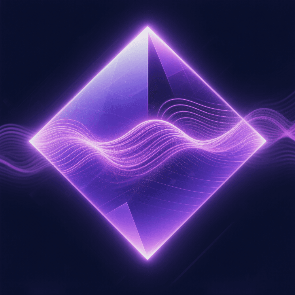 AI generated: Movimento:
glowing geometric diamond icon, purple #7B3FA0 dominant color, dark navy background, 
mot...