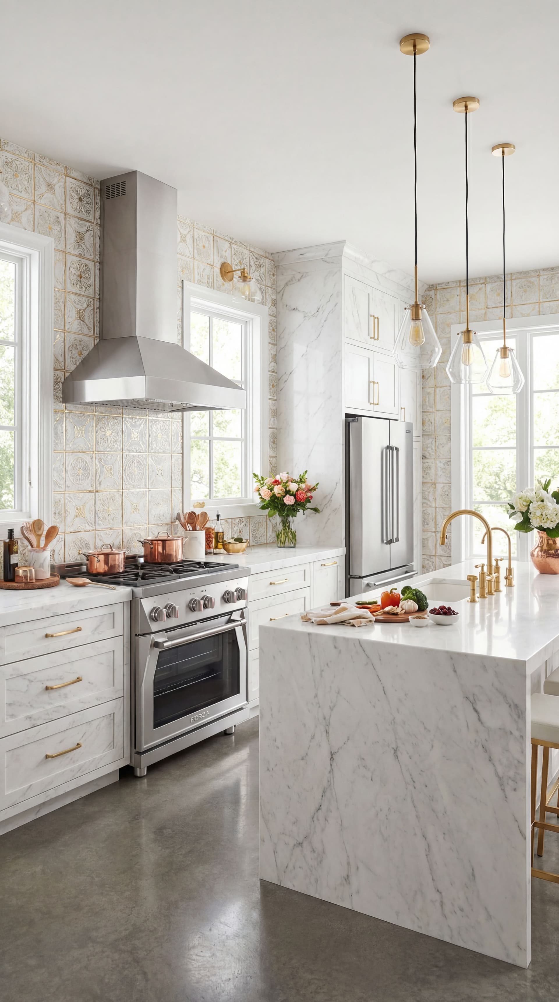 AI generated: Turn into lifestyle photo. Make kitchen cabinets ceramic white marble light luxurious. Tiles ceramic...