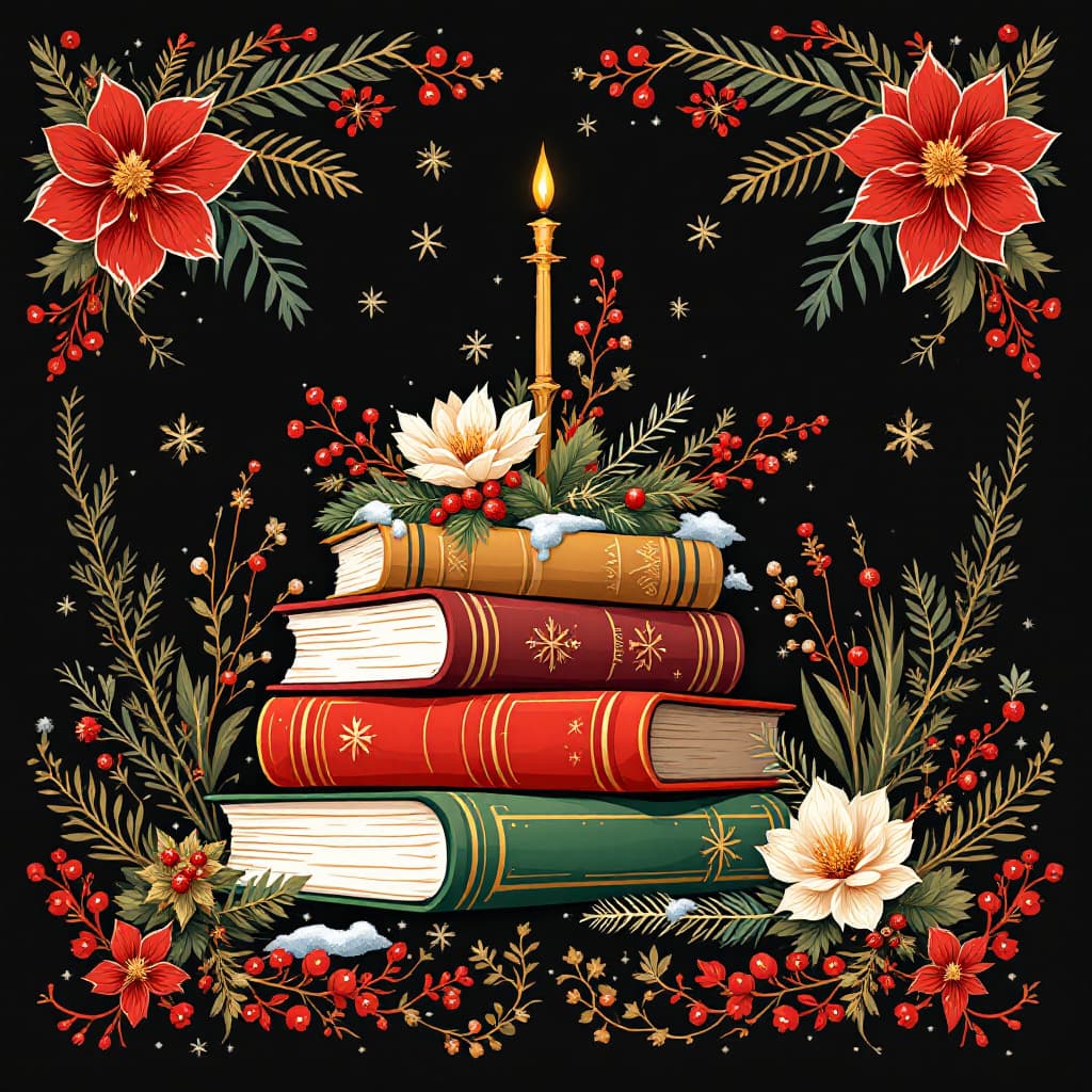 AI generated: illustration, beautiful christmas theme, simplify, bundle of books, strar, snow flower, christmas el...