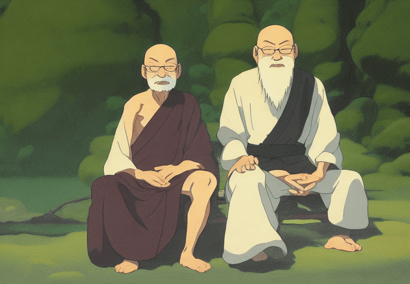 AI generated: create a painting of an old zen master sitting in front of a young warrior who is standing and zen m...