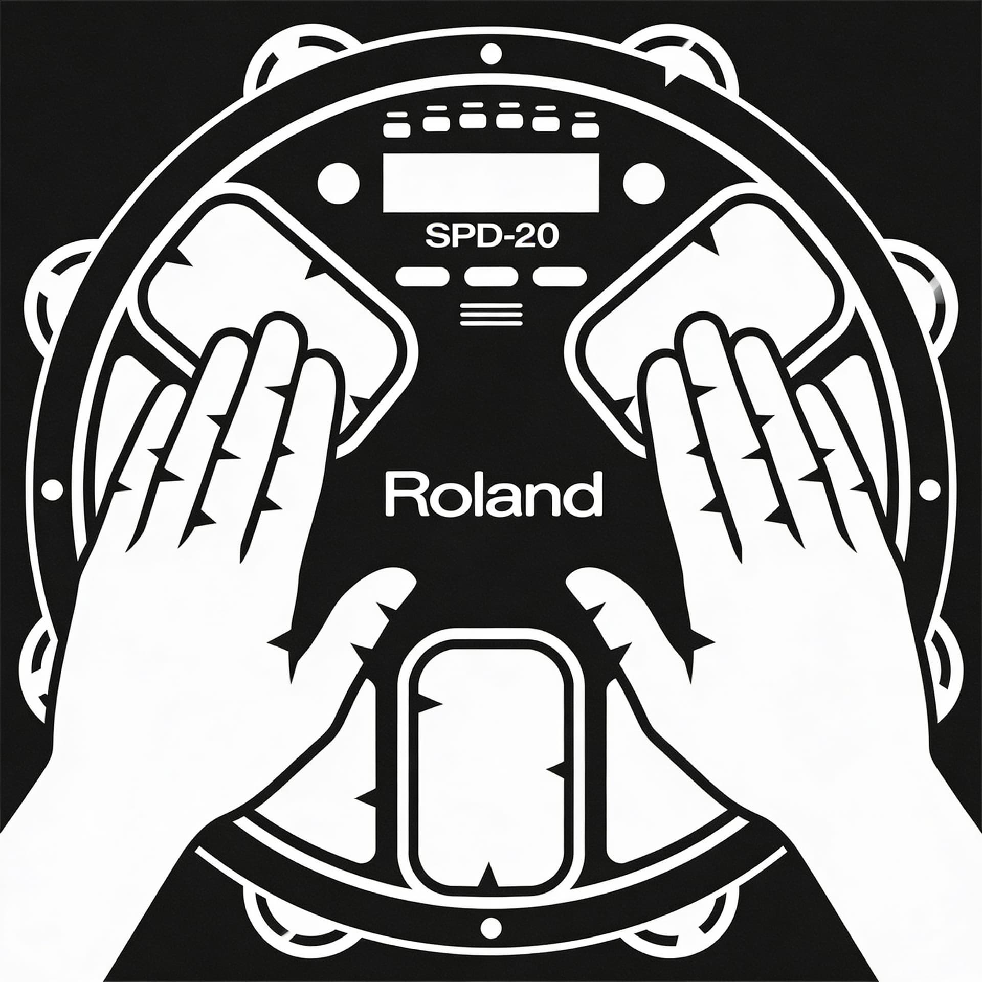 AI generated: Monochrome vector illustration, white on black, abstract circular electronic percussion instrument i...