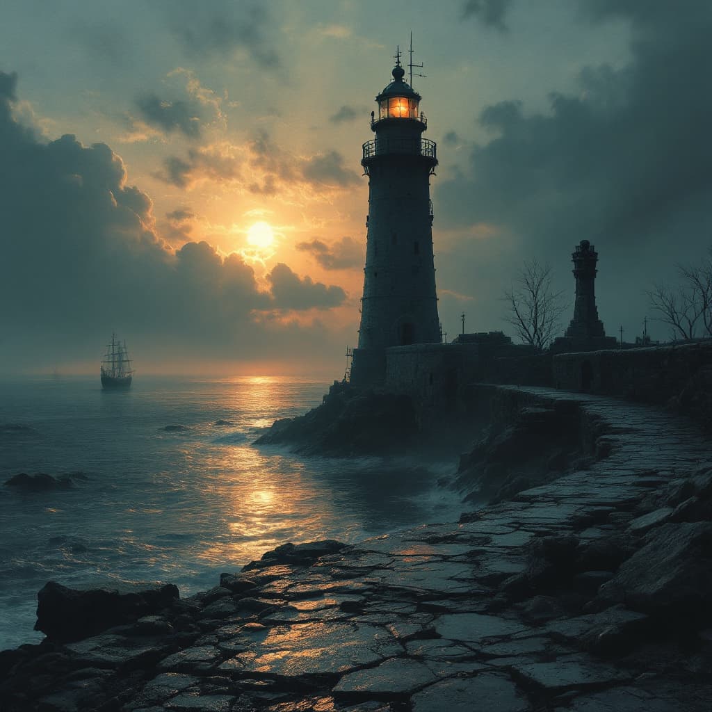 AI generated: old harbour with lighthouse dungeon synth dark atmospheric melancholic before the sunset 
next to li...