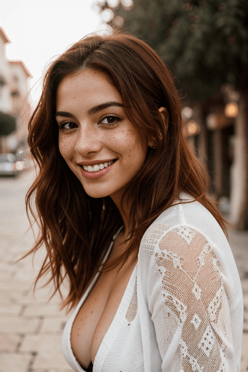 AI generated: A waist-up portrait of a smiling young beautiful Spanish woman, (freckles:0.9) skin, slim with curve...