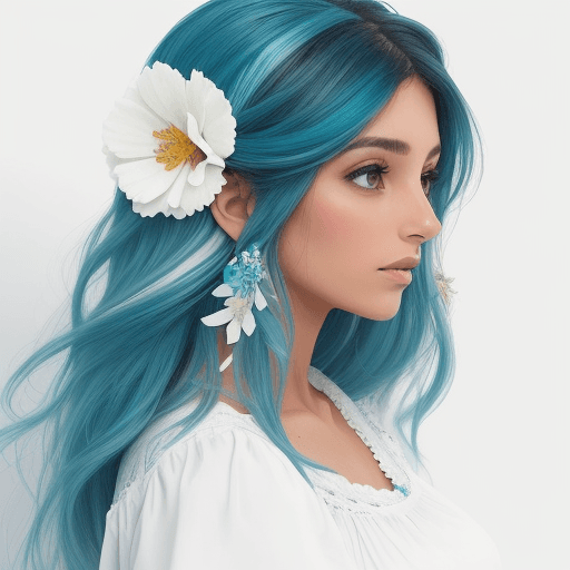 AI generated: mujer adornado con flores, cabello lacio color celeste, ropa blanca