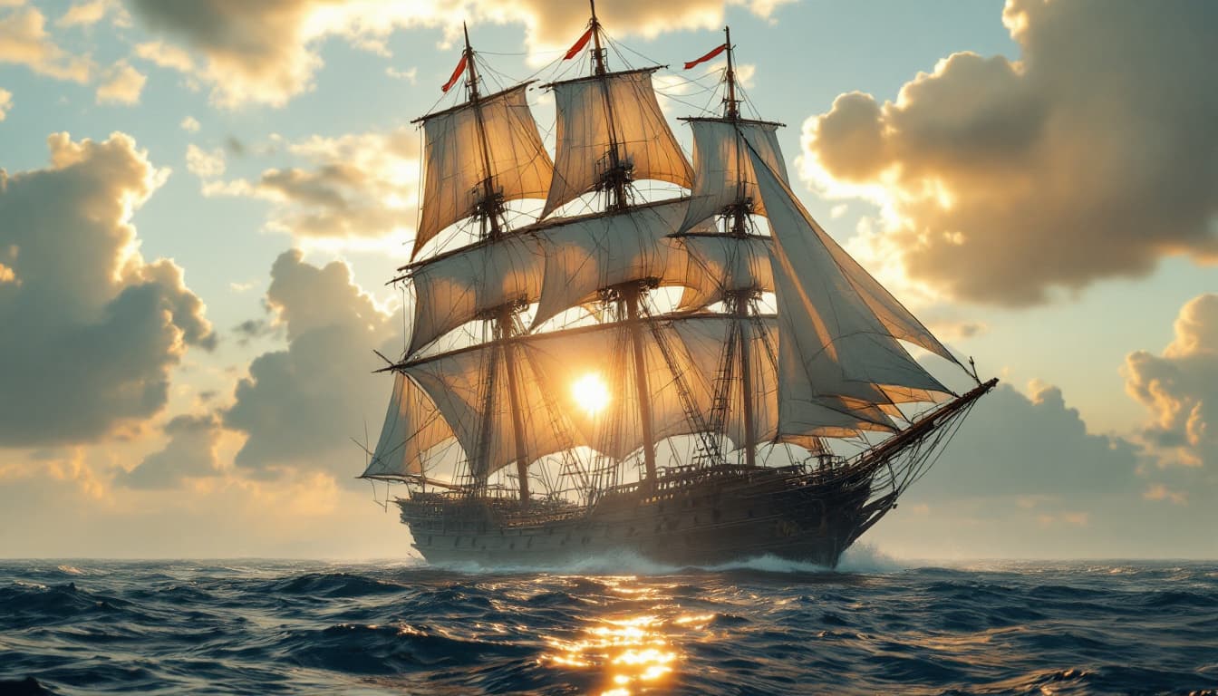 AI generated: Photo of a ultra realistic sailing ship, dramatic light, pale sunrise, cinematic lighting, battered,...
