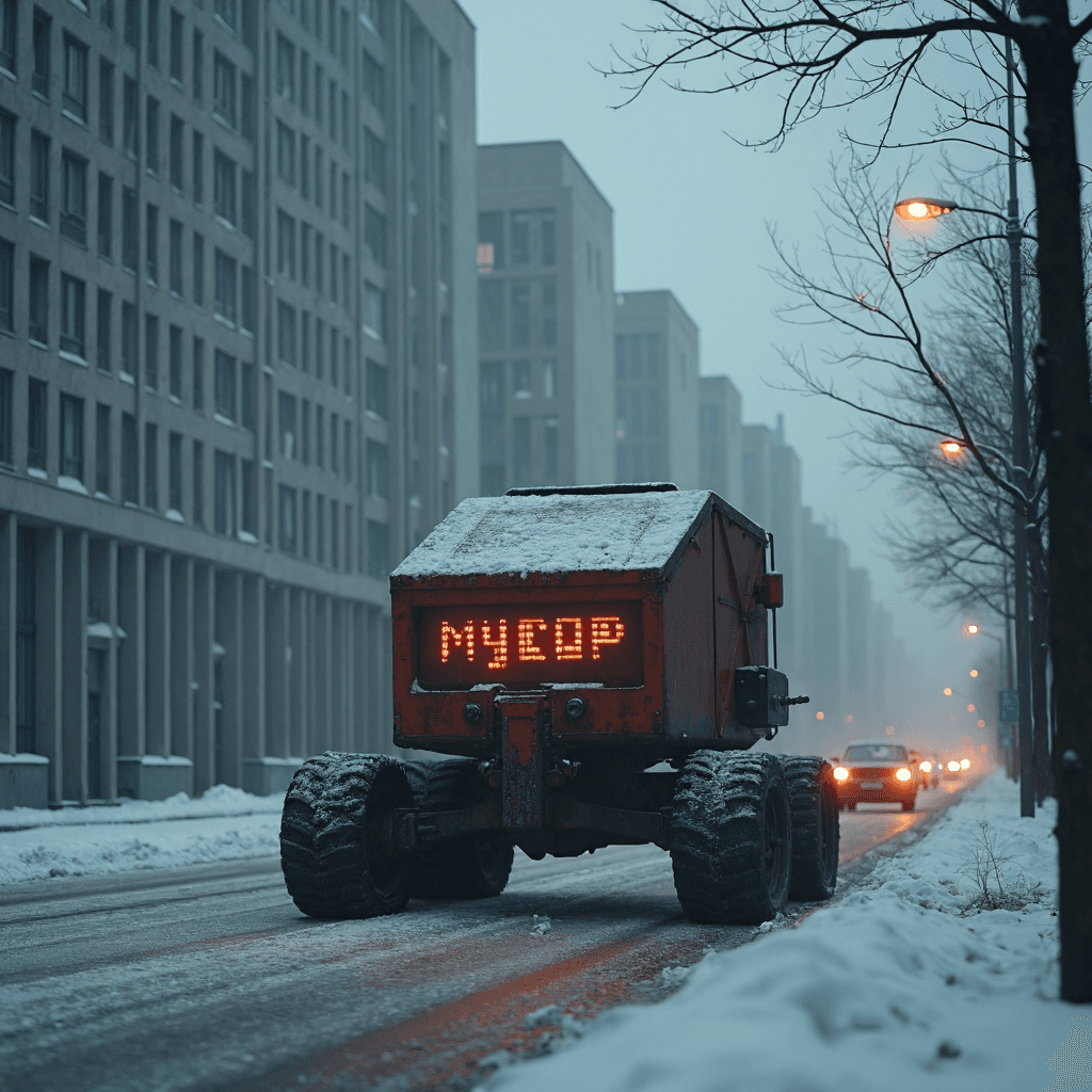 AI generated: In the bleak darkness of an early winter morning, a cold, oppressive Soviet landscape looms with tow...