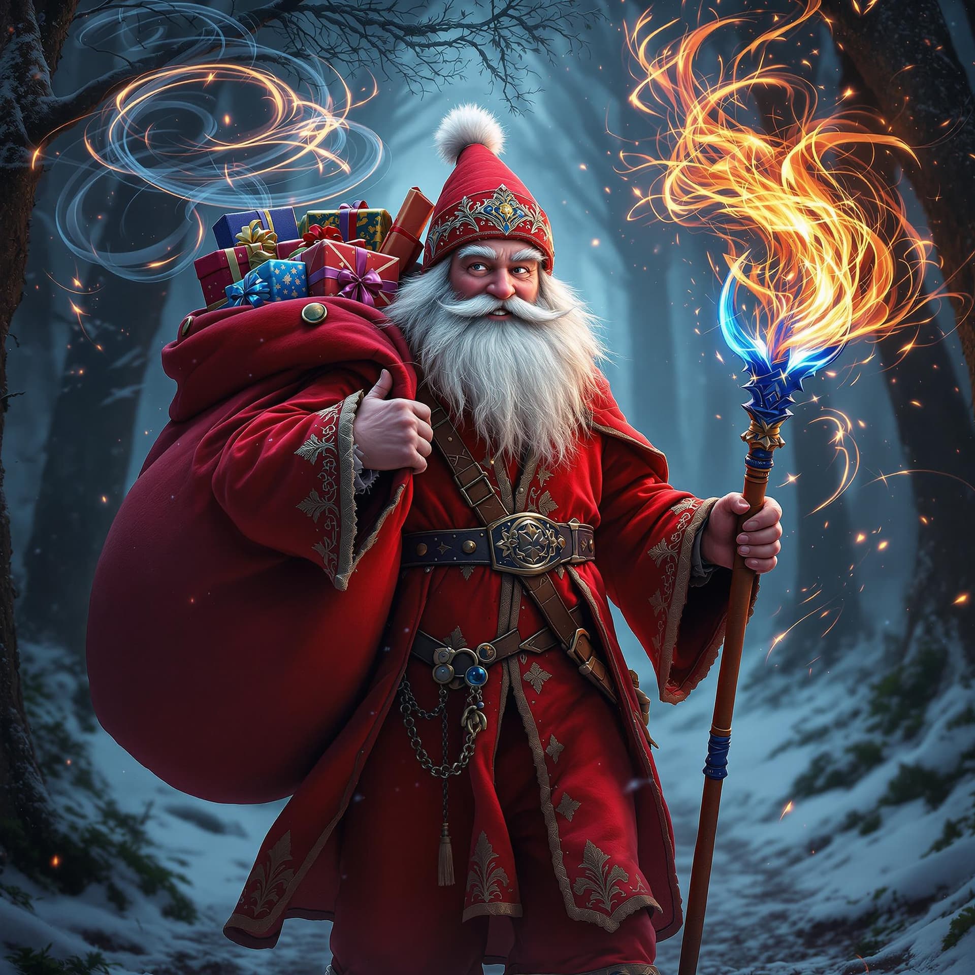 AI generated: movie poster, pleased kind russian uncle frost wearing red rocker clothes is depicted in an action p...