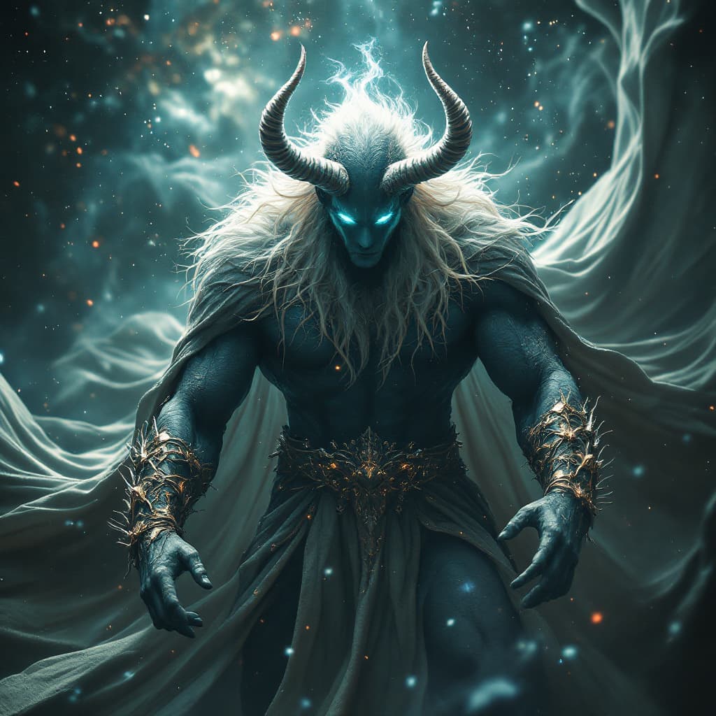 AI generated: God of Healing and sickness, full-body, Etherial, muscular, No mouth or hair, Glowing blue and green...