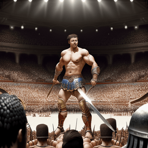AI generated: photorealistic picture of a muscular gladiator boy with a sword standing in a crowded arena