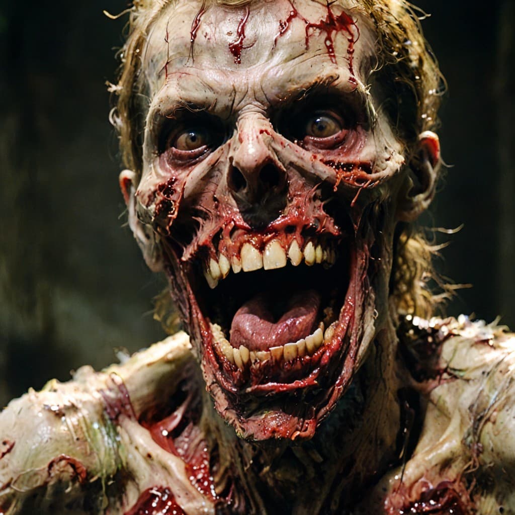 AI generated: An eerie close-up shot of a decomposing zombie, its mouth open in a soundless scream, revealing rott...