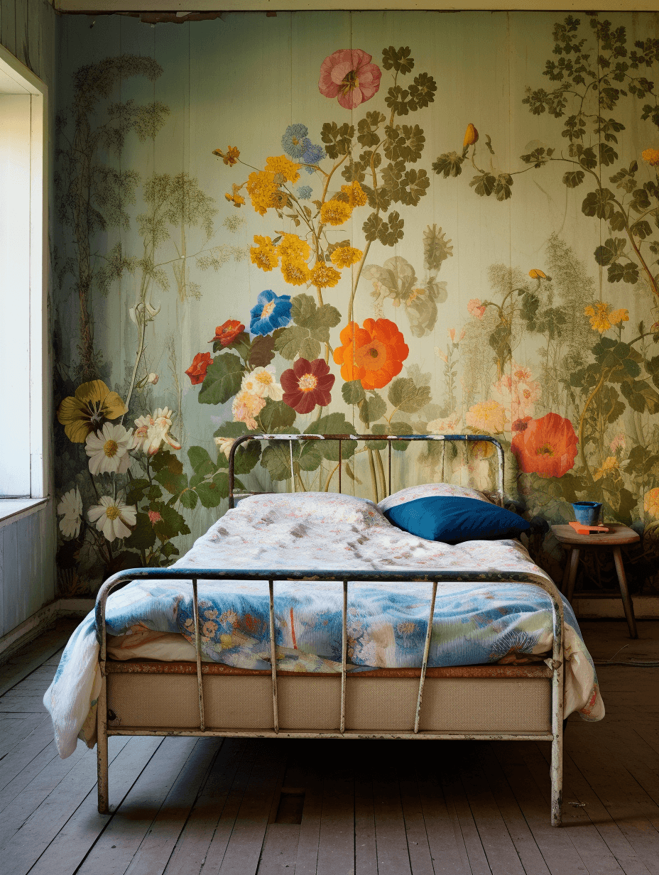 AI generated: vintage bedroom wallpaper from möbeli, in the style of colorful gardens, einar hákonarson, natural l...