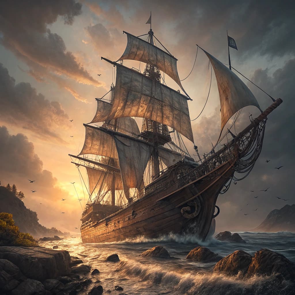 AI generated: Photo of a ultra realistic sailing ship, dramatic light, pale sunrise, cinematic lighting, battered,...