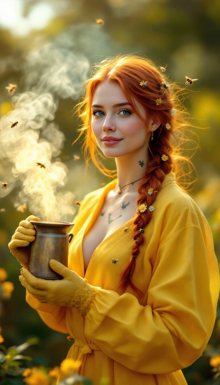 AI generated: An ultra-realistic, full-body action shot of a captivating lemon-yellow beekeeper, exuding tranquili...