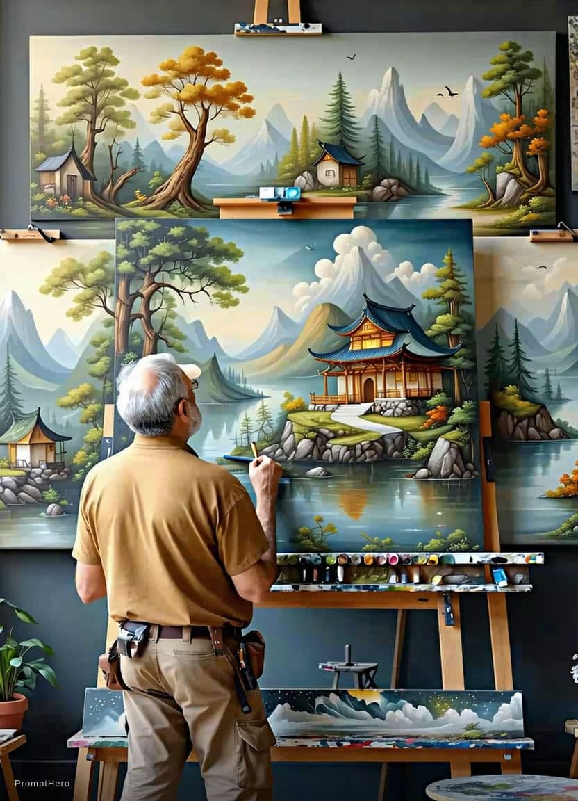 AI generated: A full wide view of a man creating murals on a drawing board, beautiful murals, full view of man cre...