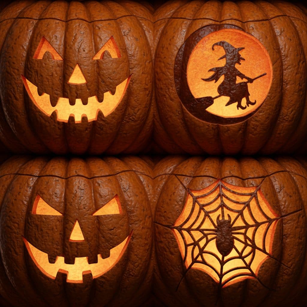 AI generated: Ultra-detailed, photo-realistic 3D texture of a carved pumpkin surface, Halloween-themed, candlelit ...