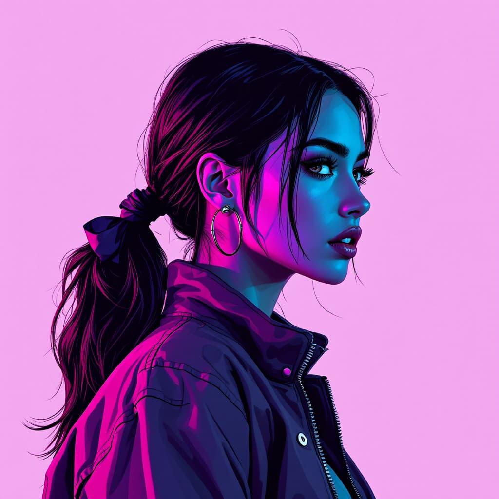 AI generated: Image is a monochromatic, create a stylized, cyberpunk-style digital illustration of a pop singer we...