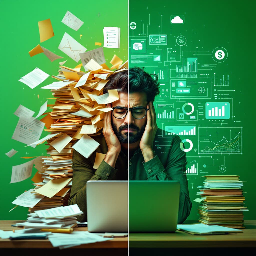 AI generated: Indian accountant stressed by manual paperwork evolving into a tech-savvy professional, split-screen...