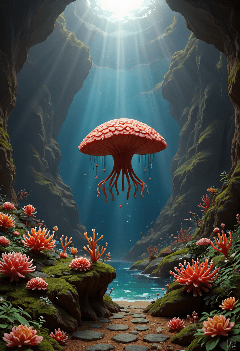 AI generated: ethereal fantasy concept art of A deep, alien ocean with bioluminescent plankton creating shifting w...