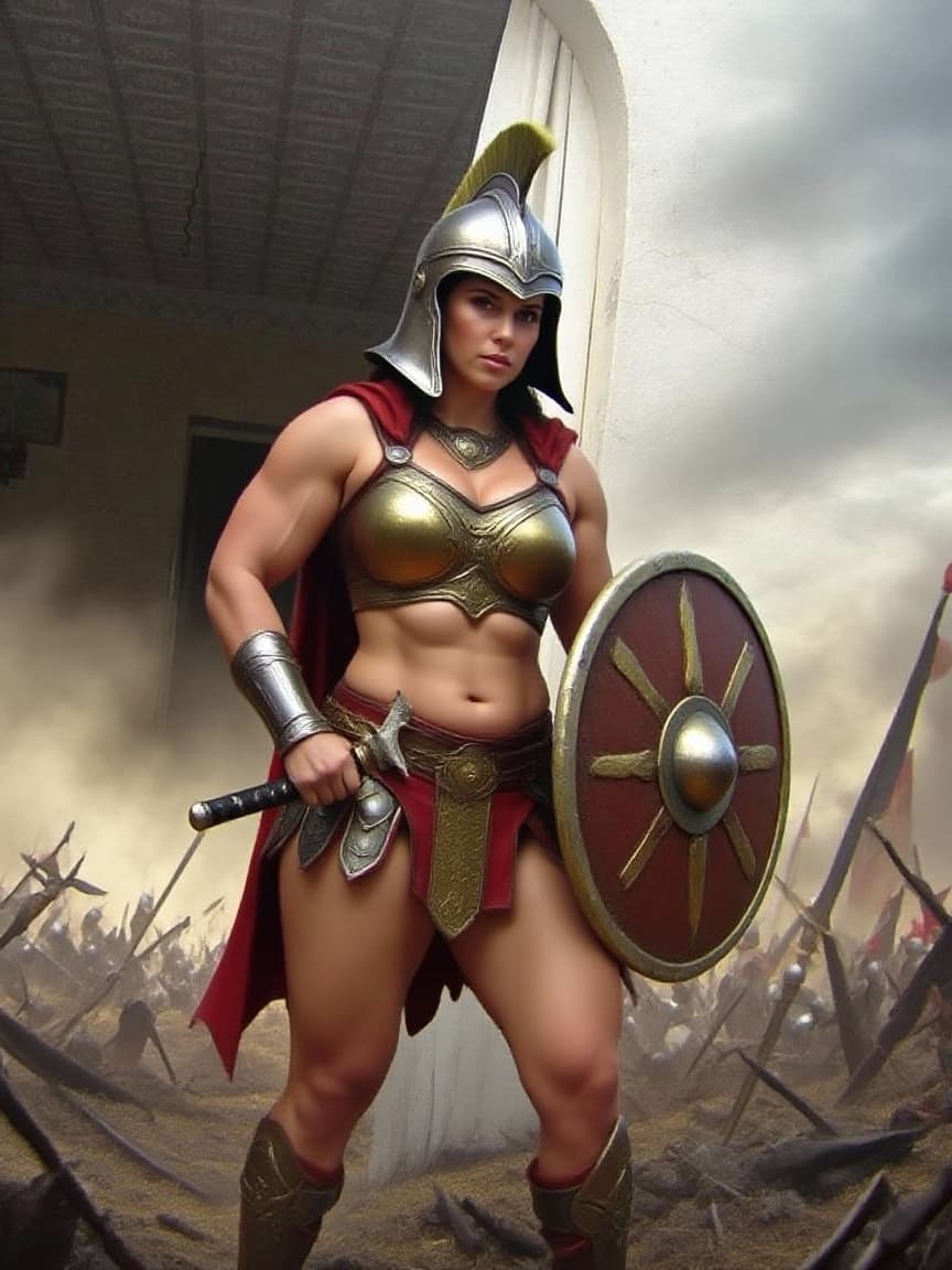 AI generated: Comic book realistic illustration, full body shot of a young gorgeous Spartan woman with thick aesth...