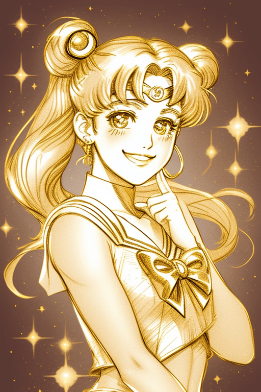 AI generated: sailor moon smiling sketch, gold background, bright sparkles