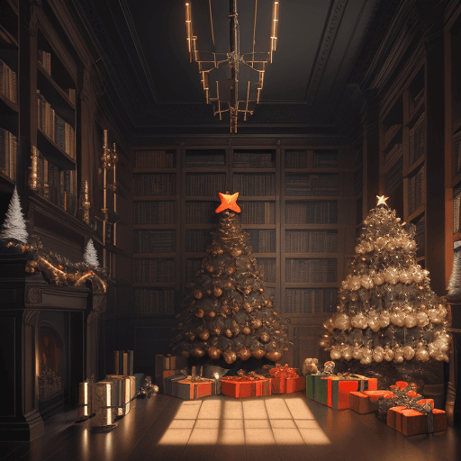 AI generated: there are books on a shelf with a christmas tree lay out , , vertical symmetry, [[fantasy]], spears,...