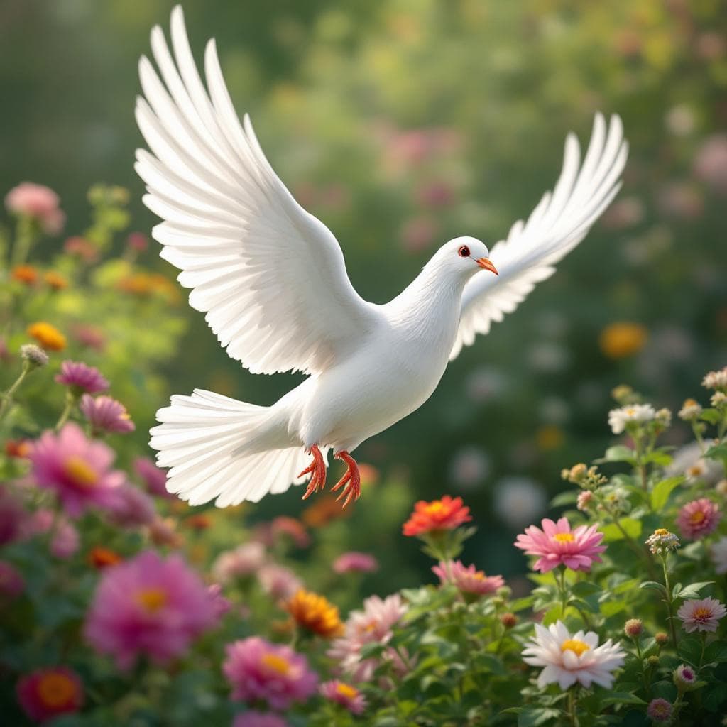 AI generated: realistic animated white pigeon flying in a garden with flowers prompts