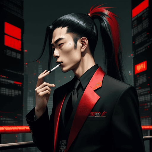 AI generated: japanese young man, smoking cigarrette, black and long hair in a ponytail, black and red suit, cyber...
