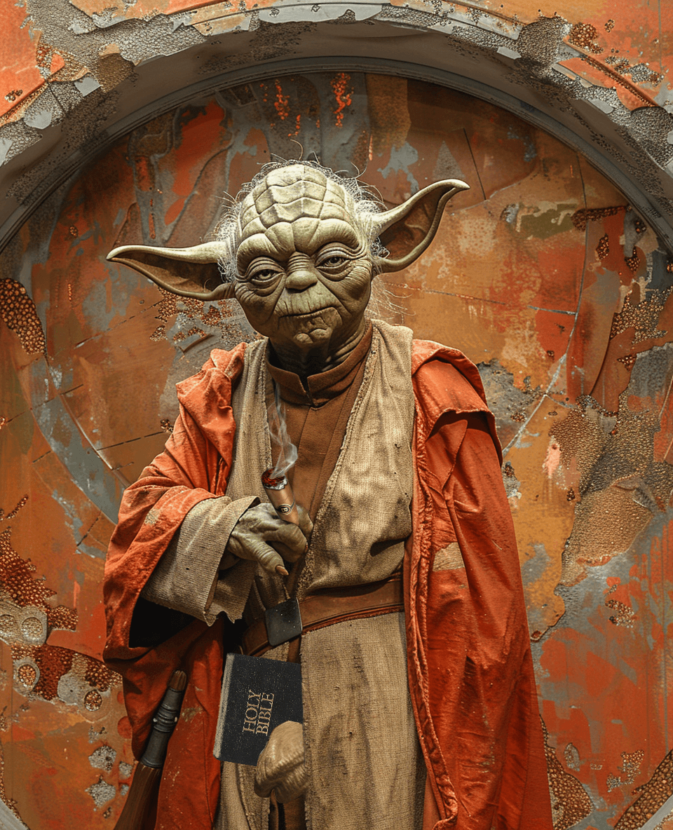 AI generated: a mural with Master Yoda , high quality photo, tondo, orange and amber, fairycore --ar 35:43 --s 750