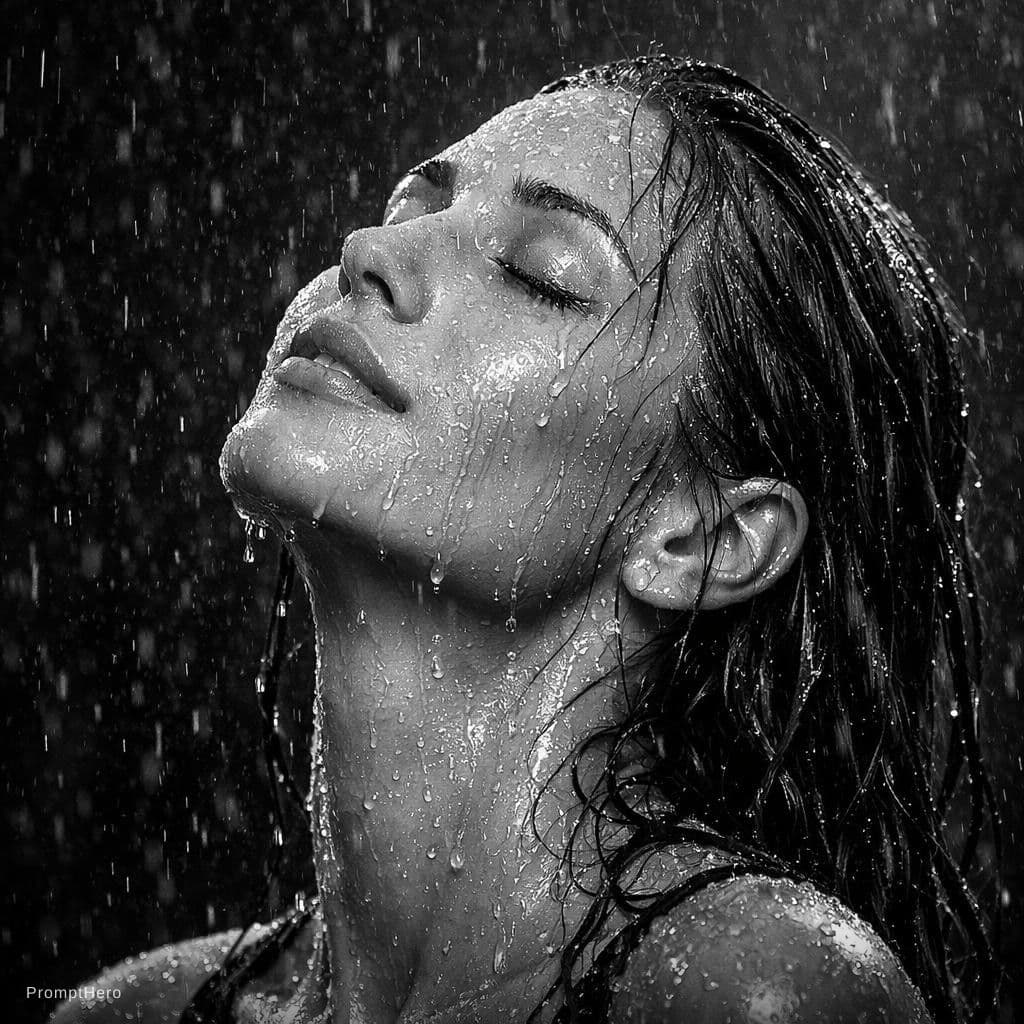 AI generated: An image of a woman in monochrome with her head tilted back, her face and hair drenched with water d...