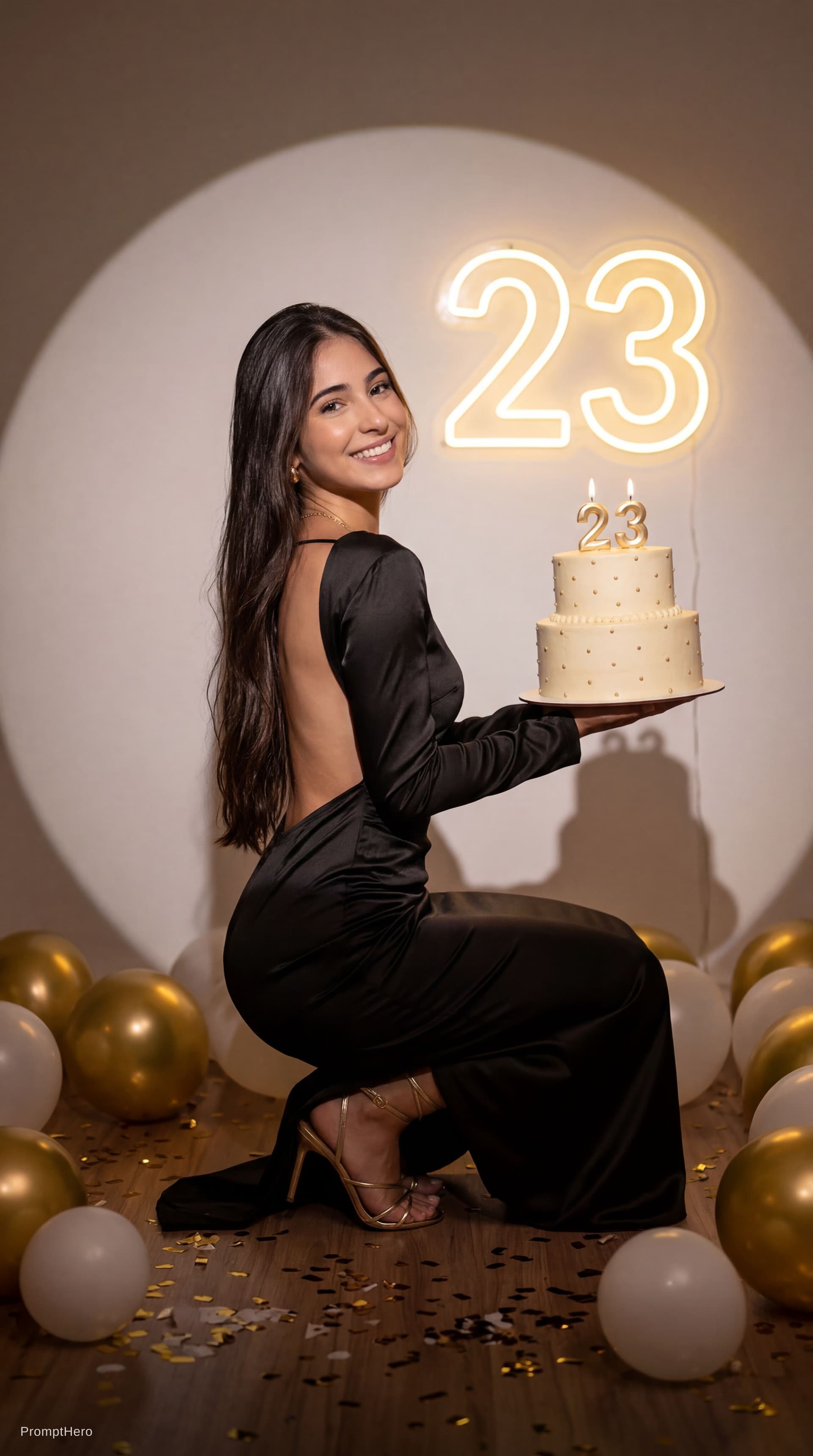 AI generated: Ultra realistic luxury birthday photoshoot of a woman celebrating her 23th birthday, elegant studio ...