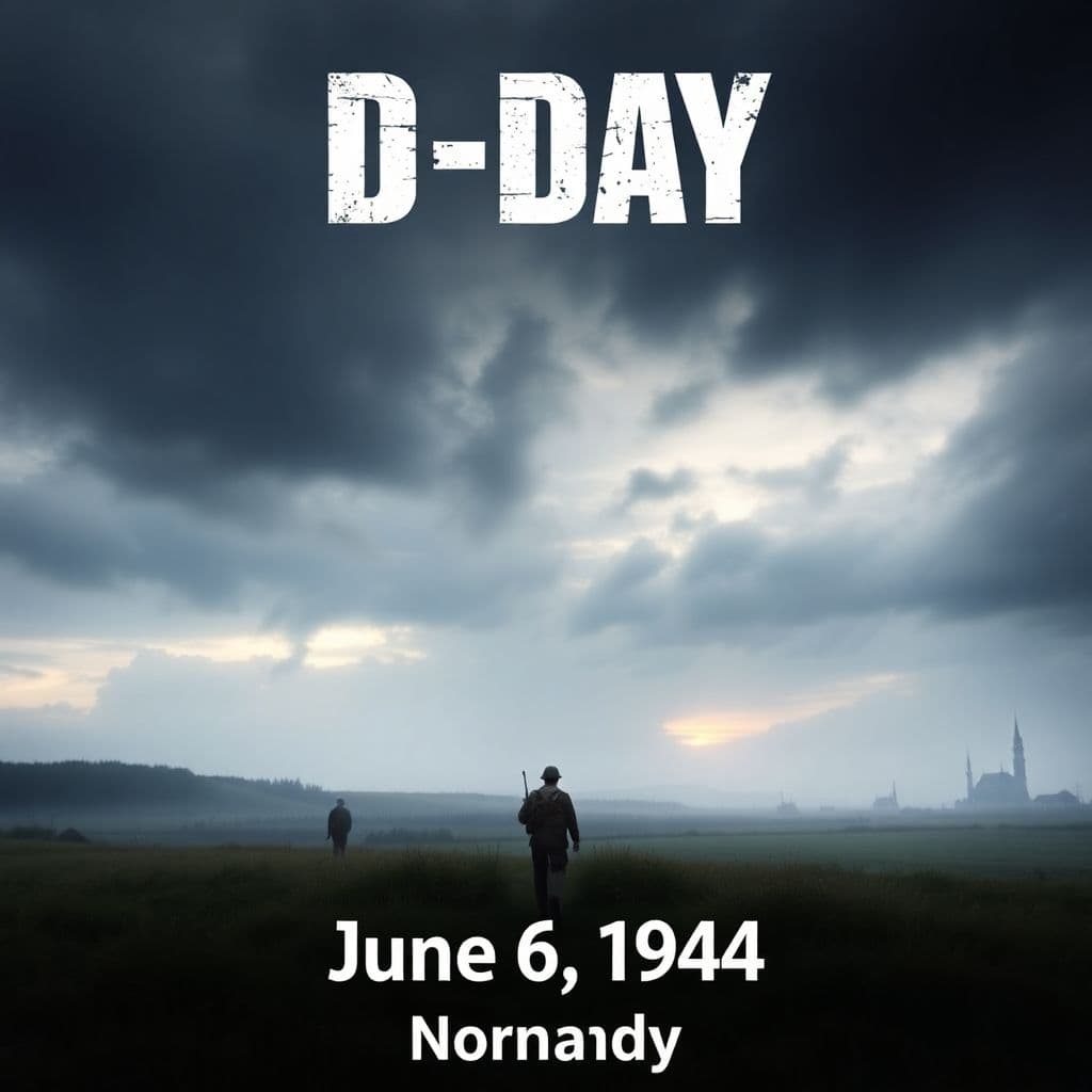 AI generated: Create a dynamic, cinematic landscape image of D-Day. Bottom-centered text that reads: "June 6, 1944...