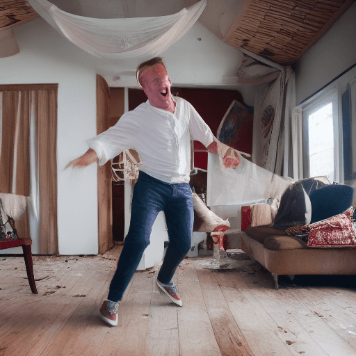 AI generated: Hyperrealistic professional photograph of a white man dancing in a very happy exaggerated way in the...