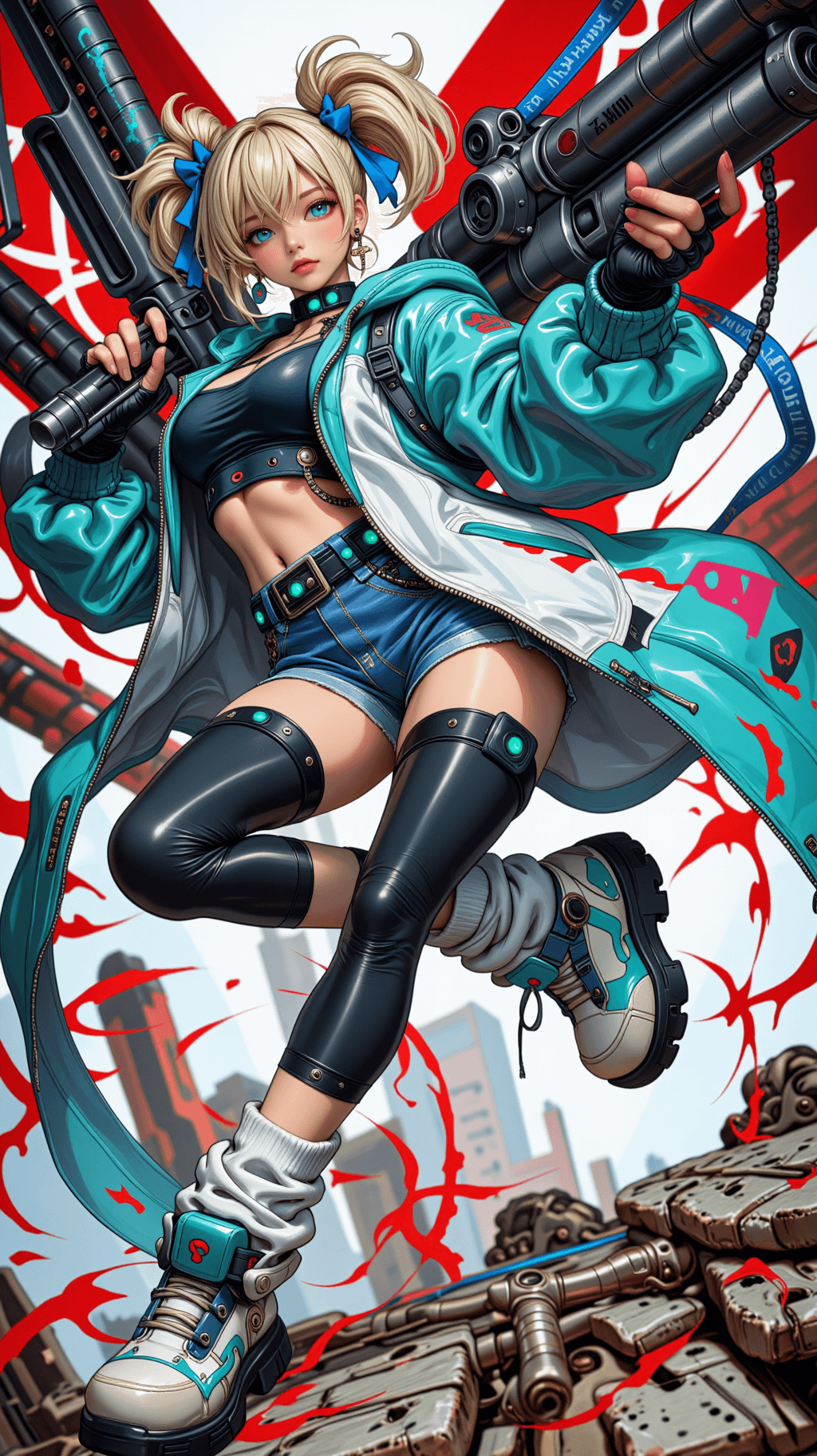 AI generated: A masterpiece, highly detailed anime-style digital illustration of a cute young anime girl wielding ...
