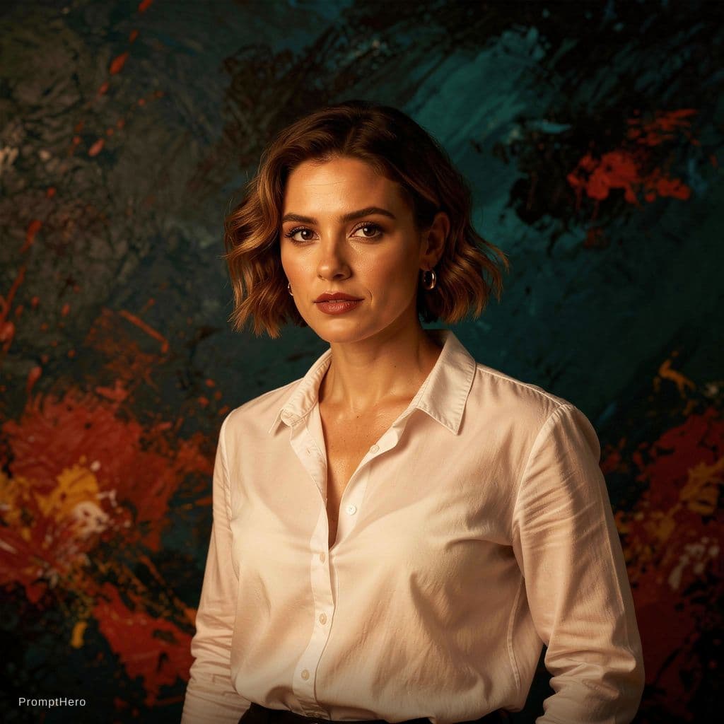 AI generated: A fit adult woman with short, wavy brown hair stands against an abstract background featuring splash...