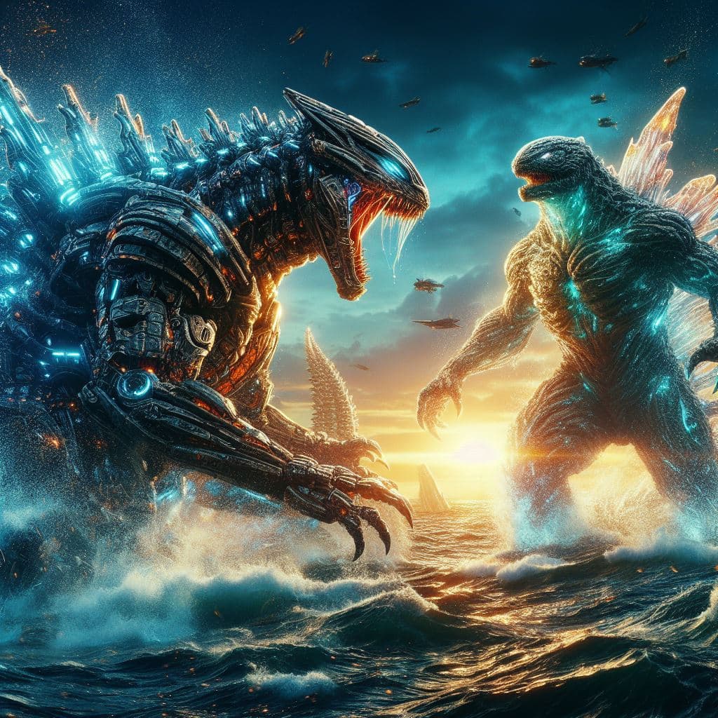 AI generated: The scene where the futuristic original Mechagodzilla and the real slime with almost transparent bod...