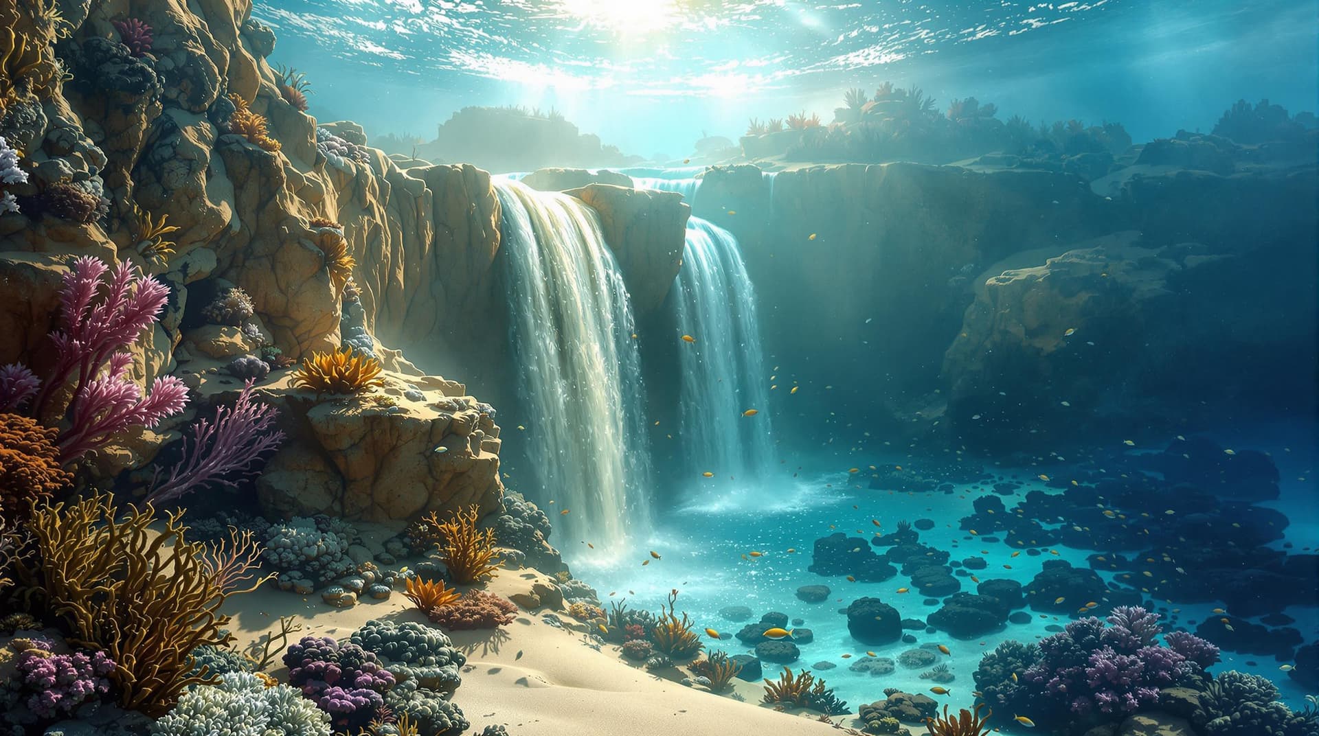 AI generated:  In the heart of a vast, serene ocean, a majestic sandfall cascades down, surrounded by majestic mar...