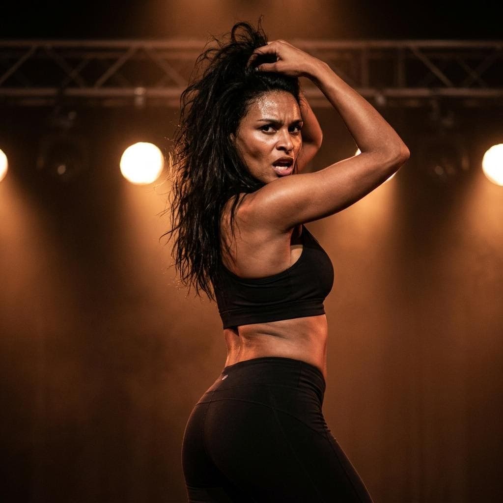 AI generated: {
  "subject_and_concept": {
    "subject": "A dynamic female dancer captured mid-performance.",
   ...