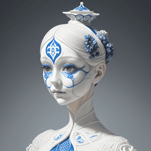 AI generated:  a woman made out of porcelain, in the style of balanced symmetry, white and blue, detailed facial f...