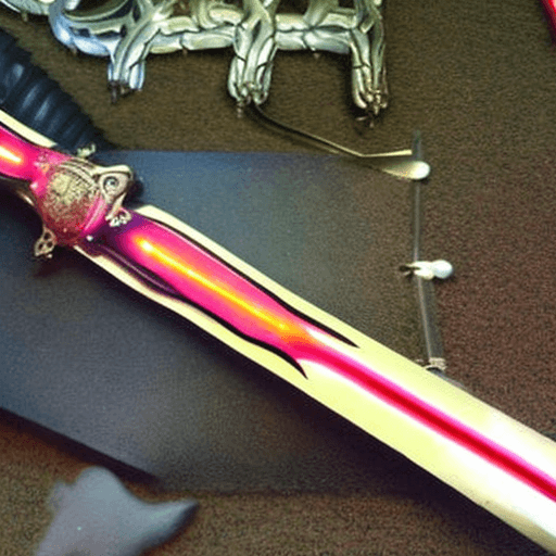 AI generated: red glowing xiphos sword crackling with sanguine electric energy demonic-horn-crossguard, hilt, pomm...