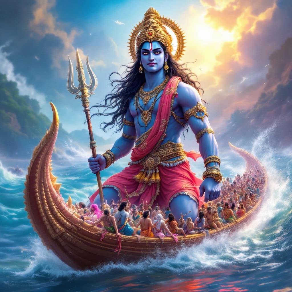 AI generated: hindu mythology character matya avtar  mean  fish avtar  pulling a  crowded boat with people in boat...