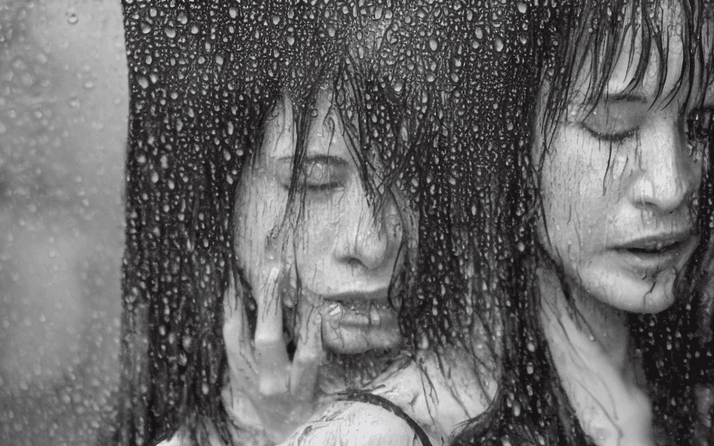 AI generated: ((dark)) view from the right side profil of the  green monochrome portrait of  a very very wet sophi...